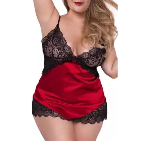 Lingerie Plus Size Sexy Lace Satin Slip With Thong Panty Plus Size Red NEW - Picture 1 of 14